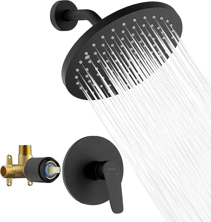 Lavatrum Black Shower Head and Handle Set Single Spray Premium Wall Mount 8 Inch Rainfall Round Shower Faucet with Rough-in Valve and Trim Kit for Bathroom（1.8GPM) - ModernBath