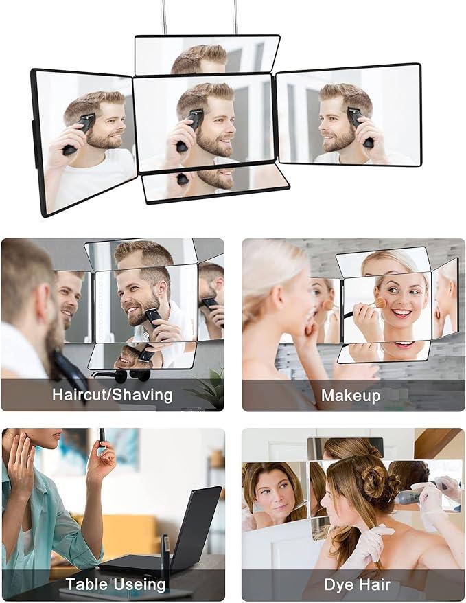 5 Way Mirror for Self Hair Cutting & Shaving, 360 Makeup Mirror with Height Adjustment for Braiding & Styling (Black) - ModernBath