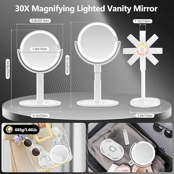 MIYADIVA Makeup Mirror with Lights, 30X Magnifying Mirror with Light and Touch Switch, Vanity Mirror with 3 Color Light and 80 LEDs, Height Adjustable Desk Mirror with Lights, White - ModernBath