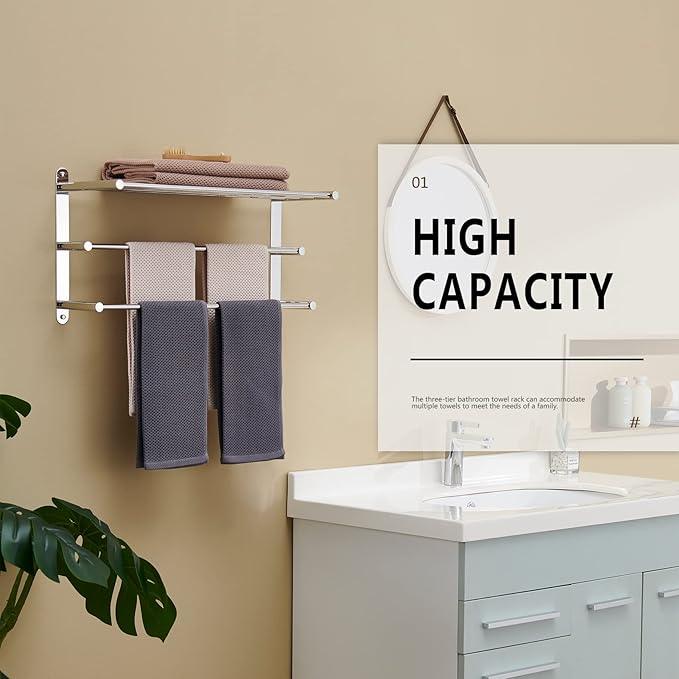 KOKOSIRI Storage Organizer Shelf Wall Mounted Double Towel bar with Shelf Bathroom Towel Rack Double Towel Rack, Polished Chrome, B5003CH - ModernBath