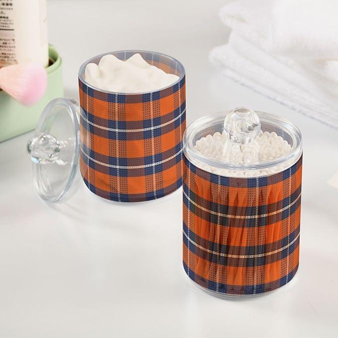 Qtip Holder Bathroom Set Q tip Cotton Ball Swab Pad Dispenser Container Organizer Plastic Jars with Lids Storage 2Pack Retro Tartan Plaid Orange and Blue - ModernBath
