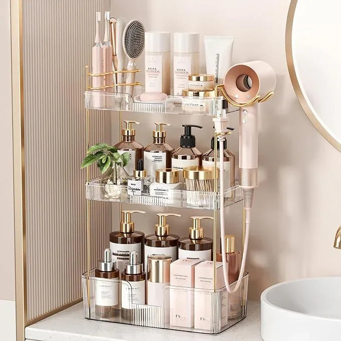 Bathroom Counter Organizer for Vanity, Makeup Organizer Countertop with Holder, Large Capacity Storage Rack, Perfect Large Skincare, Hair Care, Perfume, Easy to Install (Clear, 3Tiers) - ModernBath