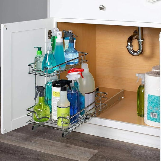 HOLDN’ STORAGE Under Sink Organizers and Storage - 2 Tier slide out Cabinet Organizer With Sliding Drawers For Inside Cabinets- Lifetime Limited Warranty 11" W x 18" D x 15”H, Chrome - ModernBath