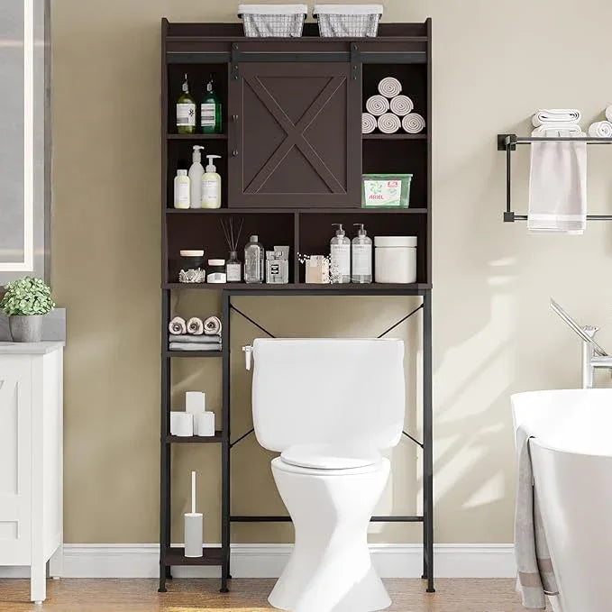 Over The Toilet Storage Cabinet, Farmhouse Storage Cabinet Over Toilet with Sliding Door & Toilet Paper Holder Stand，Home Space-Saving Toilet Rack, for Bathroom, Restroom, Laundry.Espresso - ModernBath