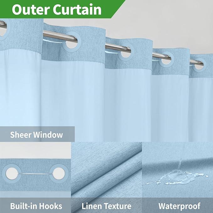 eachope No Hooks Needed Linen Textured Shower Curtain with Snap-in Fabric Liner Set,Hotel Luxury Decor Waterproof Shower Curtains for Bathroom with Mesh Top Window,Washable,71Wx74H,Fog Blue - ModernBath