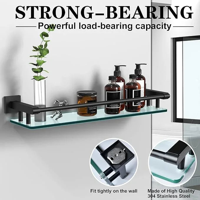 Bathroom Glass Shelf 20IN Rectangular Stainless Steel Tempered Glass Shelves Modern Stainless Steel Wall Mount Bathroom Shelf (Matte Black, 20‘’) - ModernBath