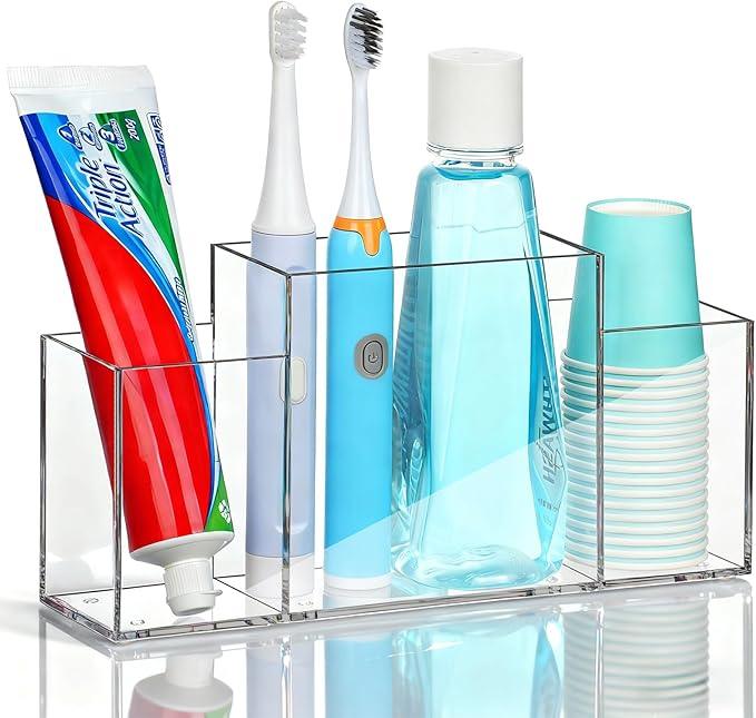 Acrylic Toothbrush Holder for Bathroom Counter, Clear Multi-Functional Toothbrush Organizer with Compartments for Electric Toothbrush, Toothpaste - ModernBath