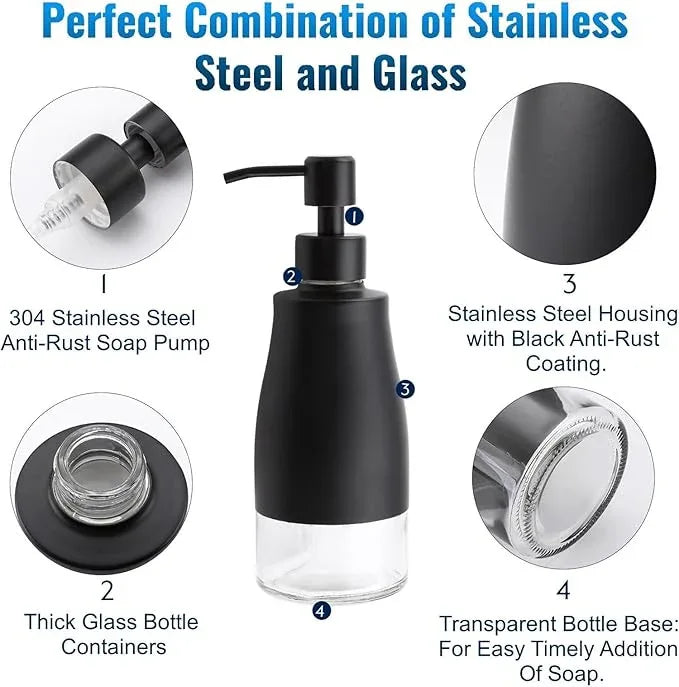 Gaussra Black Soap Dispenser with Coaster and Stickers, Dish Soap Dispenser for Kitchen, Hand Soap Dispenser for Bathroom, 304 Stainless Steel Glass Lotion Dispenser (2 Pack) - ModernBath