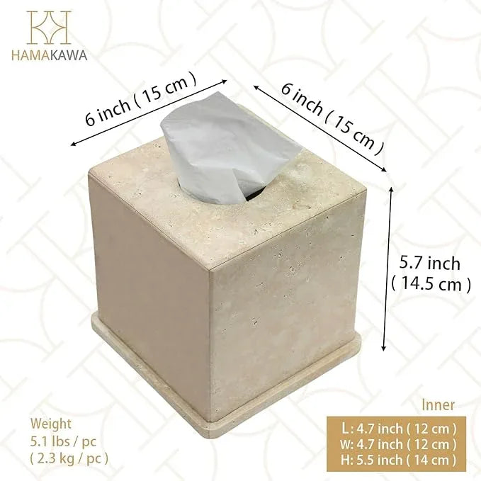 HAMAKAWA Natural Marble Tissue Box Cover, Beige Tissue Organizer 6 x 6 x 6 Inch, Heavy Stone Decorative Box, Square Tissue Box Holder for Home Decor, Kitchen, Bathroom, Bedroom - ModernBath