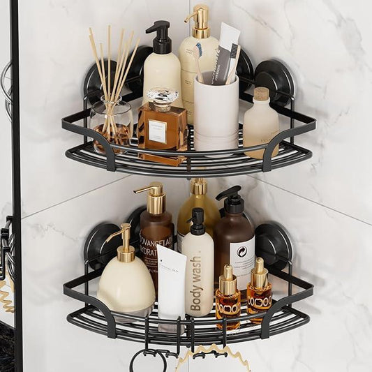 LEVERLOC 2 Pack Strong Suction Cup Corner Shower Caddy, Large Capacity Removable Bathroom Organizer, Stainless Steel Rustproof Shower Shelves with Hook, Drill-Free Wall Mounted Suction Basket, Black - ModernBath