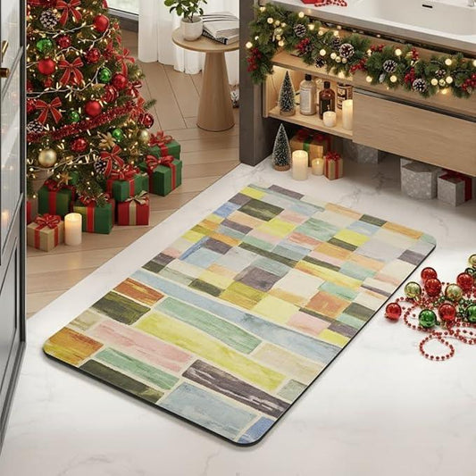 MontVoo -Bath Mat-Non Slip Thin Bathroom Rugs Fit Under Door- Quick Dry Absorbent Faux Suede Surface Grey Bathroom Floor Mats-Shower Rug for in Front of Bathtub Shower Colorful Plaid 16x24 - ModernBath