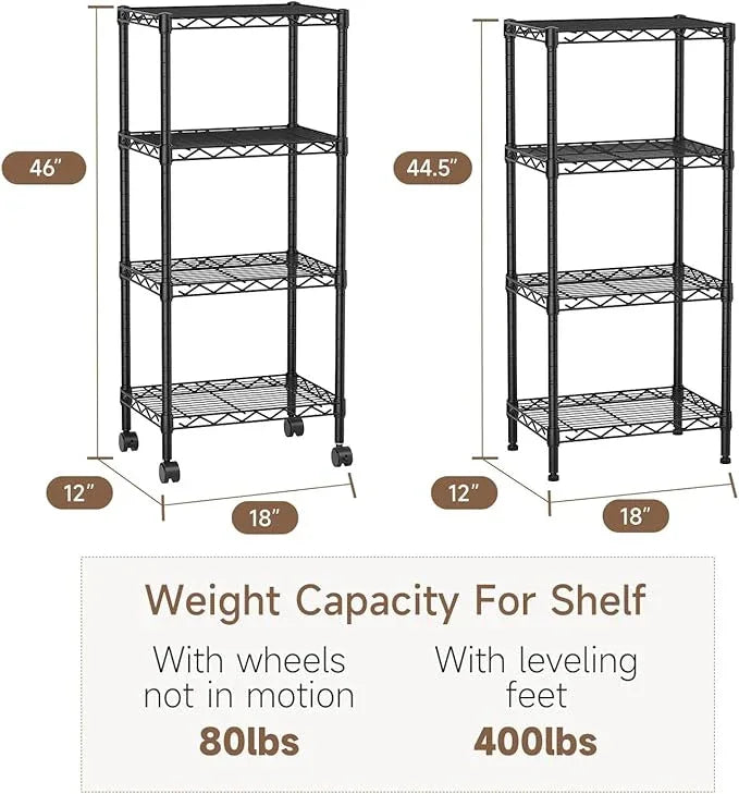 4 Tier Adjustable Storage Shelves Heavy Duty Metal Utility Shelf Wire Shelving Unit Organizer Rack for Home Kitchen Office Bathroom Pantry Room 12" D x 18" W x 44.5" H - ModernBath