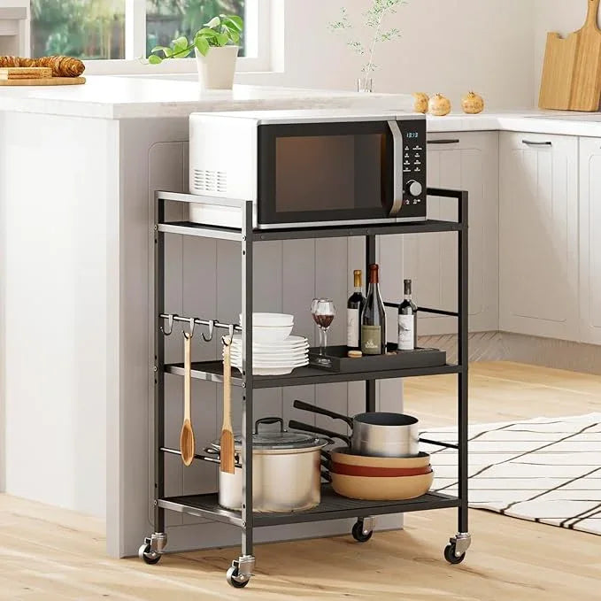 3-Tier Metal Storage Rack with Industrial Wheels,Mesh Shelving Unit with Wooden Table top,Adjustable Shelf,23.6-Inch Width,15.8-Inch Depth, for Kitchen, Laundry,Pantry,Plant,Black panel - ModernBath