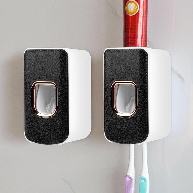 2 Slot Toothbrush Holder and Toothpaste Dispenser Wall Mounted, Automatic Toothpaste Squeezer, 2 in 1 Tooth Brush Toothpaste Organizer for Shower (Black 2Pack) - ModernBath
