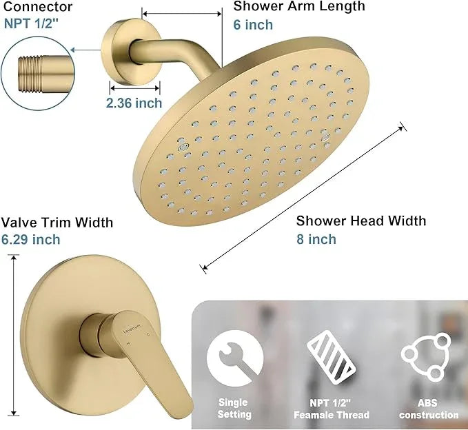 Lavatrum Brush Gold Shower Head and Handle Set Single Spray Premium Wall Mount 8 Inch Rainfall Round Shower Faucet with Rough-in Valve and Trim Kit for Bathroom（1.8GPM) - ModernBath