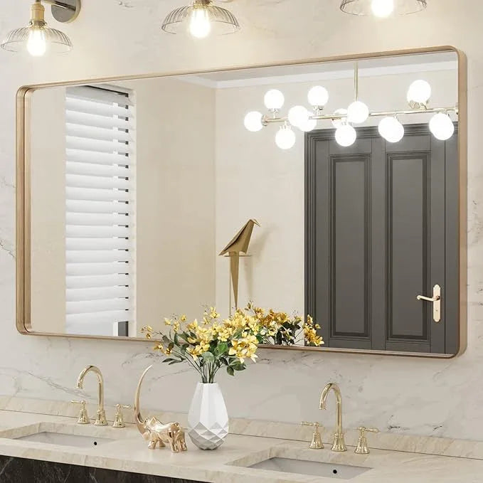 LOAAO 55”X30” Gold Bathroom Mirror, Rounded Rectangle Gold Frame Mirror, Brushed Gold Bathroom Vanity Mirror Wall-Mounted, Anti-Rust, Tempered Glass, Hangs Horizontally or Vertically - ModernBath