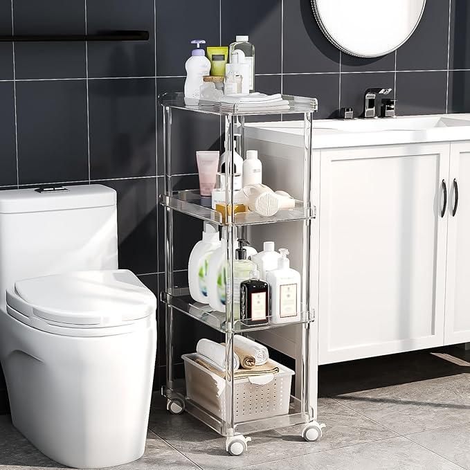 AQUIVER Acrylic Slim Storage Cart - 4 Tiers Narrow Rolling Cart - Utility Cart for Kitchen, Bathroom, Living Room, Laundry - 15.6 '' L x 10.2 '' W x 33.9 '' H - ModernBath