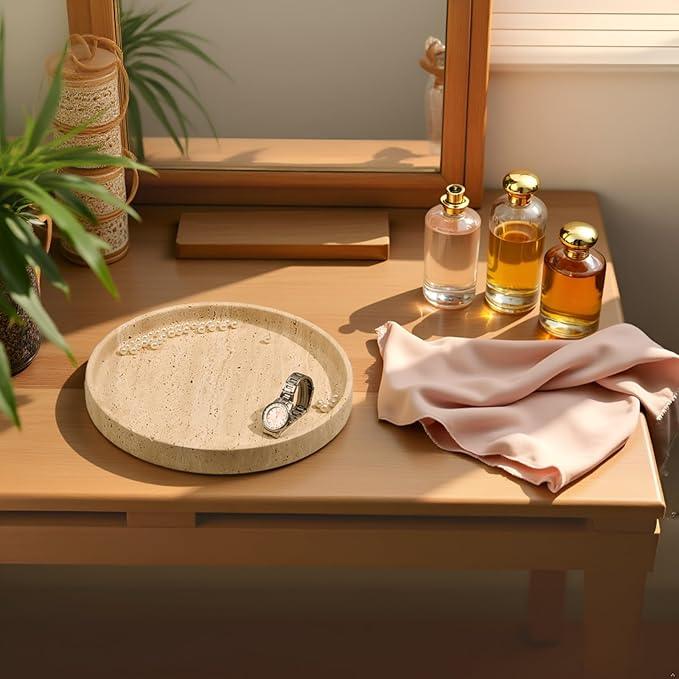 Apasqro Natural Travertine Vanity Tray – Round Beige Marble Tray for Bathroom, Jewelry, Candle, Perfume, Nightstand & Kitchen Decor, 10 Inch Wabi-sabi Style Decorative Stone Catchall Organizer - ModernBath