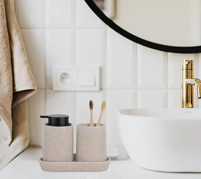 Clasin Home Beige Bathroom Accessories Set, 3 Pcs Resin Bathroom Accessories Complete Set, Sandstone Look Soap Dispenser with Large Pump, Toothbrush Cup, Soap Dish for Modern Home Decor and Kitchen - ModernBath