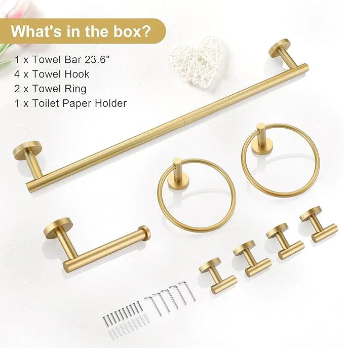 TQKAG 8-Pieces Bathroom Hardware Set Brushed Gold SUS304 Stainless Steel Bath Towel Bar Set 23.6 Inch Round Bathroom Accessories Kit Wall Mounted - ModernBath