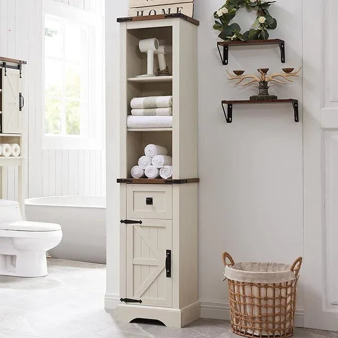 OKD Bathroom Storage Cabinet, Farmhouse Storage Cabinet with Adjustable Shelves & Drawer, Tall Linen Tower for Bathroom, Living Room, Rustic Oak with Antique White - ModernBath