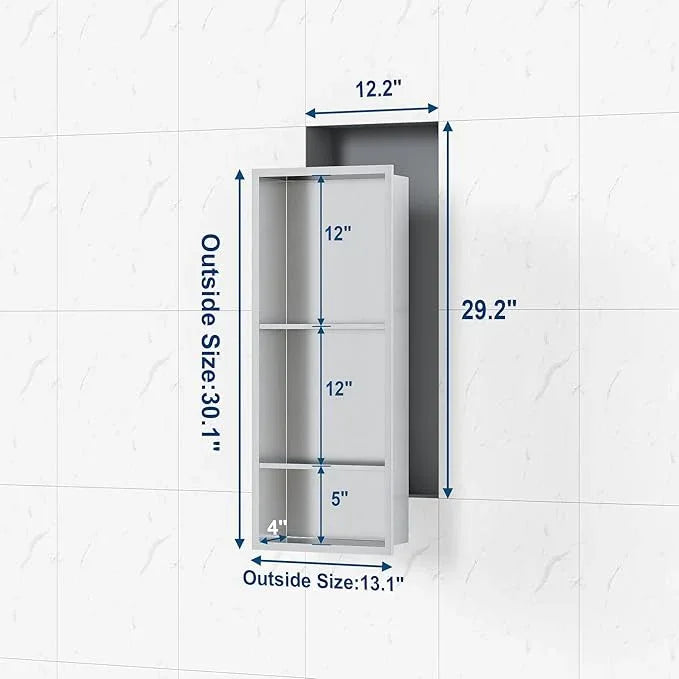 Qeke Stainless Steel Shower Niche 12" X 29", No Tile Needed Wall Niche Three-Tier, Recessed Shower Shelf for Bathroom Storage, Brushed Nickel - ModernBath