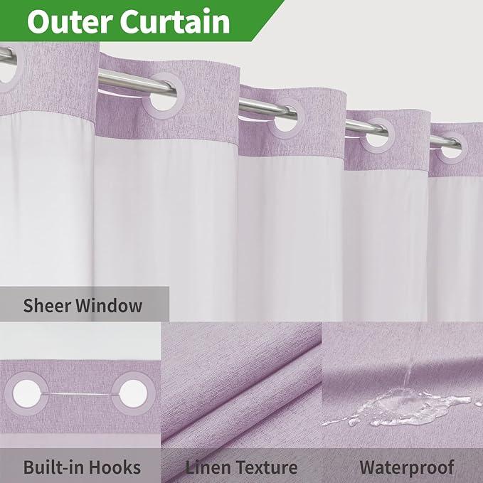 eachope No Hooks Needed Linen Textured Shower Curtain with Snap-in Fabric Liner Set,Hotel Luxury Decor Shower Curtains for Bathroom with Mesh Top Window,Waterproof & Washable,71Wx74H,Lavender - ModernBath