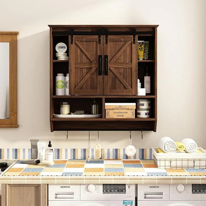 RUSTOWN Farmhouse Bathroom Wall Cabinet,3-Tier Rustic Wood Wall Mounted Cabinets,Vintage Medicine Cabinet with Sliding Barn Door and Adjustable Shelves,Over The Toilet Storage Cabinet (Dark Walnut) - ModernBath