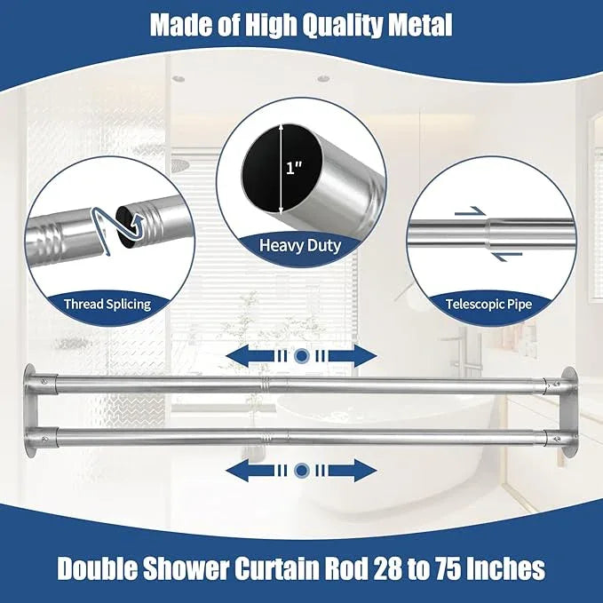 Anndason Double Shower Curtain Rod 28 to 75 Inches Elegant Double Shower Rod Adjustable Wall Mounted Double Shower Curtain Pole for Bathroom (Silver, 28 to 75") - ModernBath