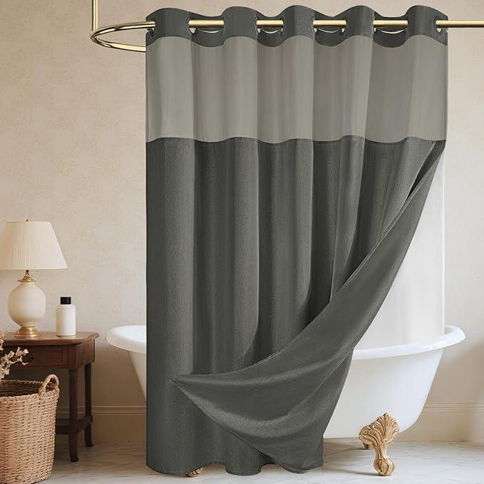 WONICY Extra Long No Hook Shower Curtain with Snap in Liner, Polyester Textured Shower Curtain with Liner Set, Waterproof Washable Hotel Style Shower Curtains for Bathroom, 71Wx86H, Charcoal Grey - ModernBath