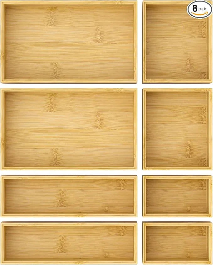 Bathroom Drawer Organizer Trays, Bamboo Silverware Drawer Organizer Kitchen Utensils, 8 PCS Wood Box Stackable Bins for Makeup, Office Desk, Vanity, Junk Drawer - ModernBath