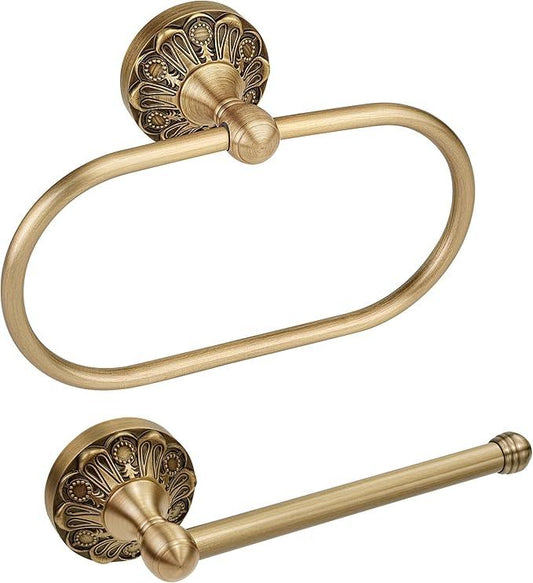 Antique Brass Toilet Paper Holder Towel Ring, Brass Towel Holder Toilet Paper Roll Holder, Rustic Vintage Oval Towel Rack Bathroom Accessories Set Hardware 2 Pieces Farmhouse Wall Mounted - ModernBath