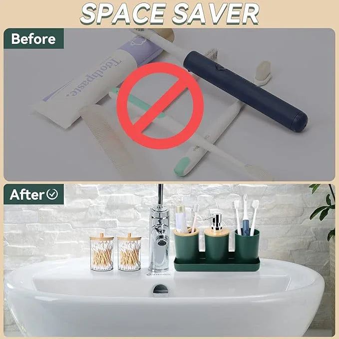 SLDIYWOW 9-Piece Dark Green Bathroom Accessories Set with Trash Can, Tray, Soap Dispenser, Toothbrush Holder, Toothbrush Cup, Soap Dish, Toilet Brush and Q-tip Holders for Bathroom/Housewarming - ModernBath