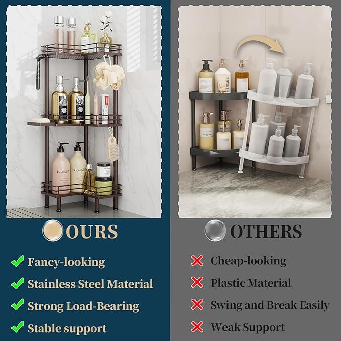 Consumest Corner Shower Caddy Standing - 3-Tier Stainless Steel Shower Organizer with Soap Holder and 4 Hooks, Large Capacity Corner Shelf Stand for Bathroom, Rest Room, Bronze - ModernBath