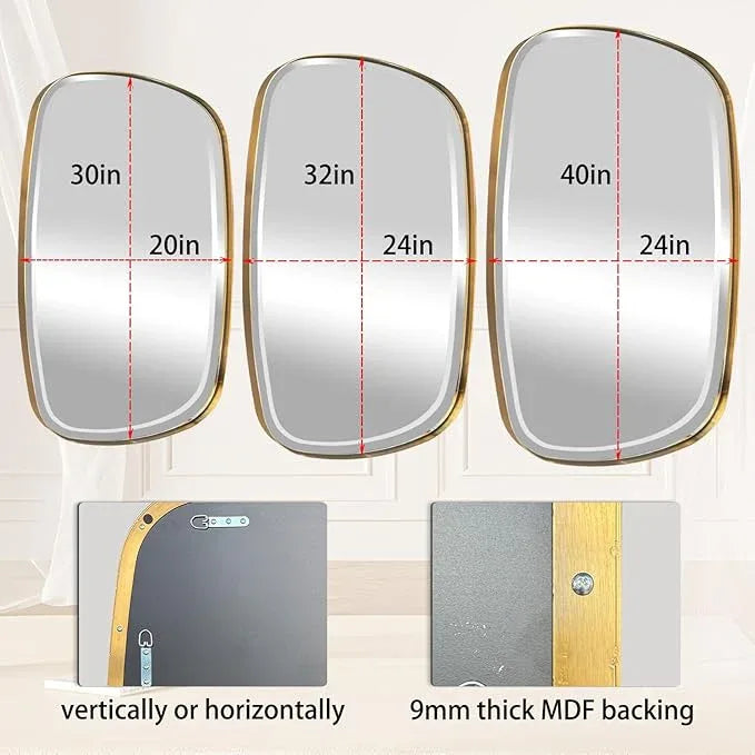 POZINO Gold Bathroom Mirror, 24"x32" Brass Rounded Rectangle Mirrors, Brushed Beveled Mirrors for Over Sink, Modern Vanity Wall Mirror in Premium Stainless Steel Frame Hangs Horizontal Or Vertical - ModernBath