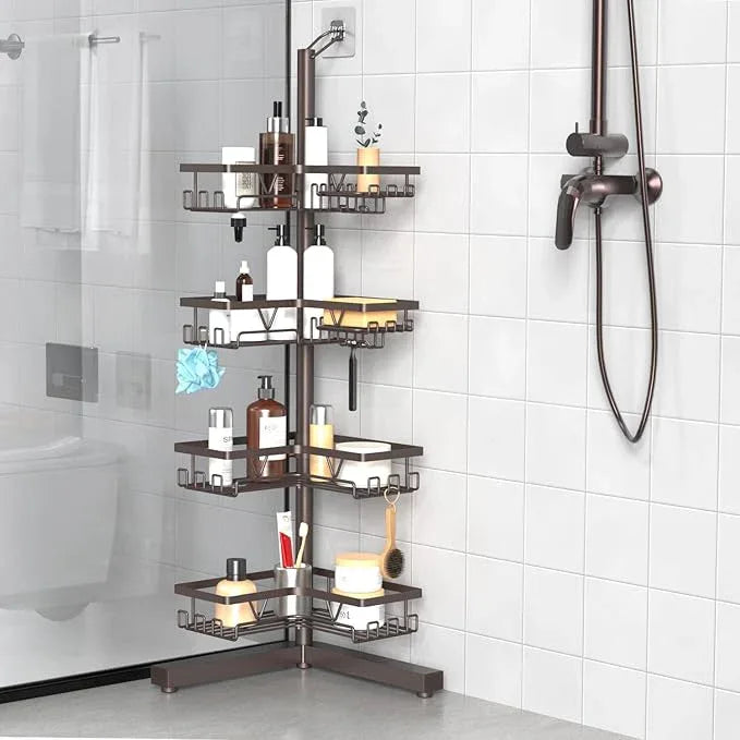 KEGII Floor Corner Shower Caddy Standing, Rustproof 4-Tier Shower Shelf Organizer with Hooks & Soap Holder, Free-Standing Bathroom Storage Rack for Shampoo & Toiletries, Bronze - ModernBath