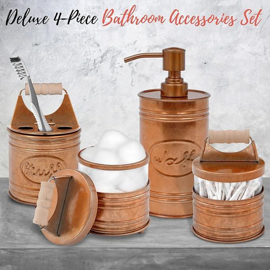 Autumn Alley Rustic Bathroom Accessories Set 4 - Copper Farmhouse Soap Dispenser, Toothbrush Holder, 2 Apothecary Jars Qtip Holder - Rustic Bathroom Decor – Farmhouse Bathroom Accessories - ModernBath