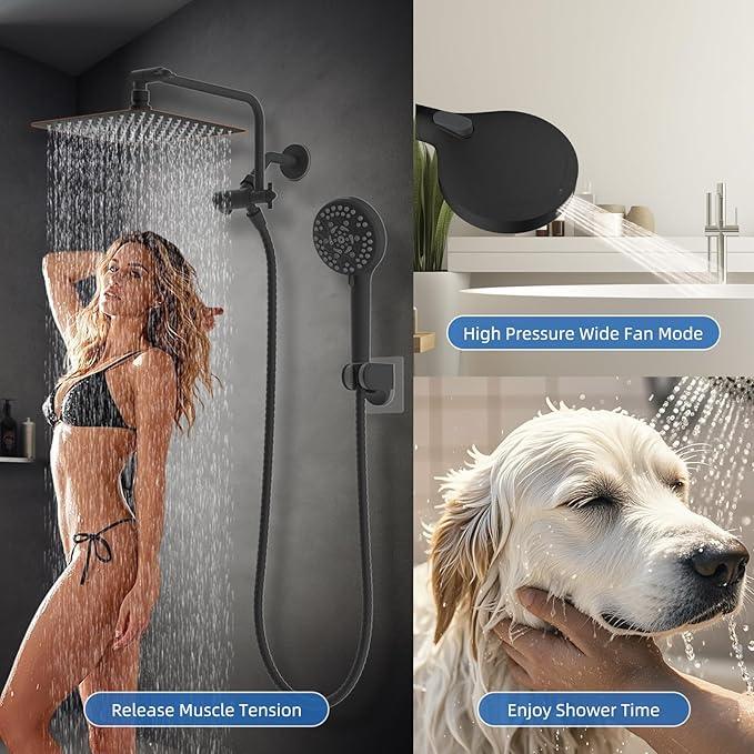 All Metal Shower Head, 10" High Pressure Rainfall/Handheld Shower Combo with 11" Extension Arm, 10-Spray Handheld Showerhead, 71" Long Hose, 3-Way Diverter Valve, Oil Rubbed Bronze - ModernBath