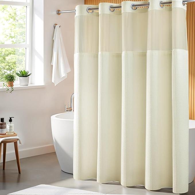 River Dream Cream Fabric Shower Curtain Set, Cotton Blend, Waffle Weave, with Snap in Replacement Liner，71 x 74 inches - ModernBath