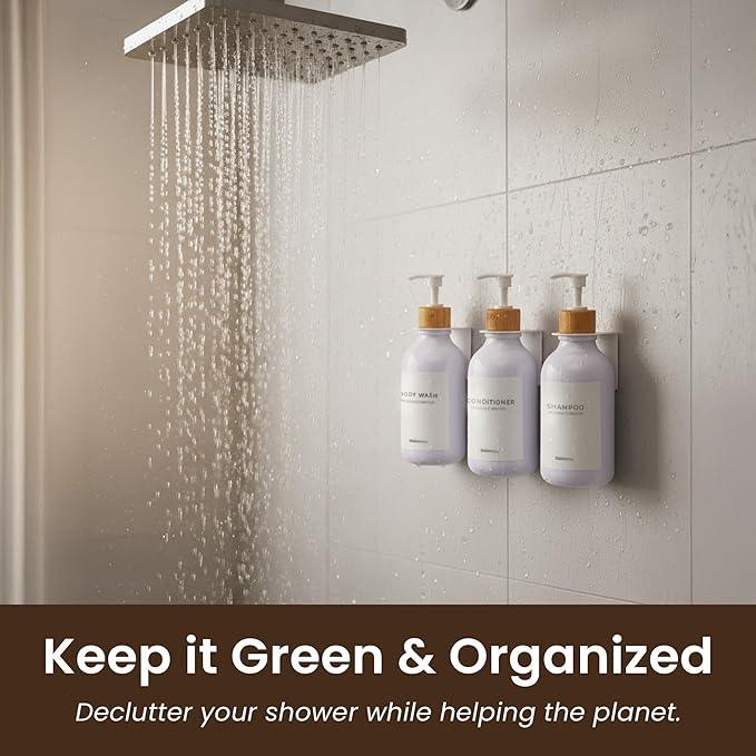 MaisoNovo Shampoo and Conditioner Dispenser - Shower Soap Dispenser Wall Mounted - 16.9 fl oz Set of 3 White Plastic Bottles Bamboo Pump - 3 Chamber No Drill - ModernBath