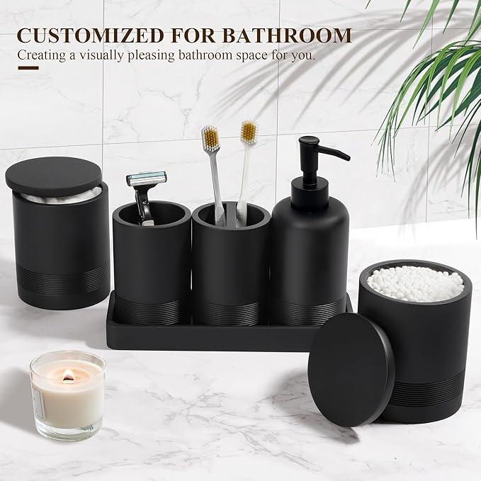Bathroom Accessories Set, 6-Piece Bathroom Accessory Set, Toothbrush Holders Set, Soap Dispenser, Vanity Tray, Tumbler, Cotton Swab Jars, Bathroom Organizer for Modern Bathrooms(Matte Black) - ModernBath