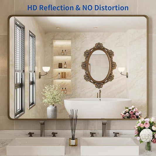WEER Bronze Bathroom Mirror 48x36 Inch, Farmhouse Oil Rubbed Bronze Mirror for Wall, Aluminum Alloy Brushed Bronze Metal Frame Mirror for Vanity, Tempered Glass, Anti-Rust (Horizontal/Vertical) - ModernBath