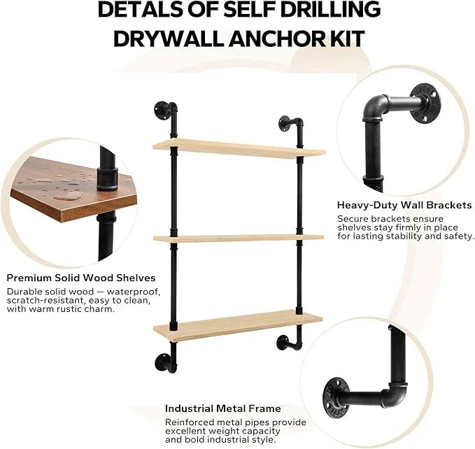 3-Tier Industrial Pipe Floating Shelf – Rustic 24 inch Wood Wall-Mounted Storage Shelf for Kitchen Office,Bathroom & Home Decor -White Oak - ModernBath