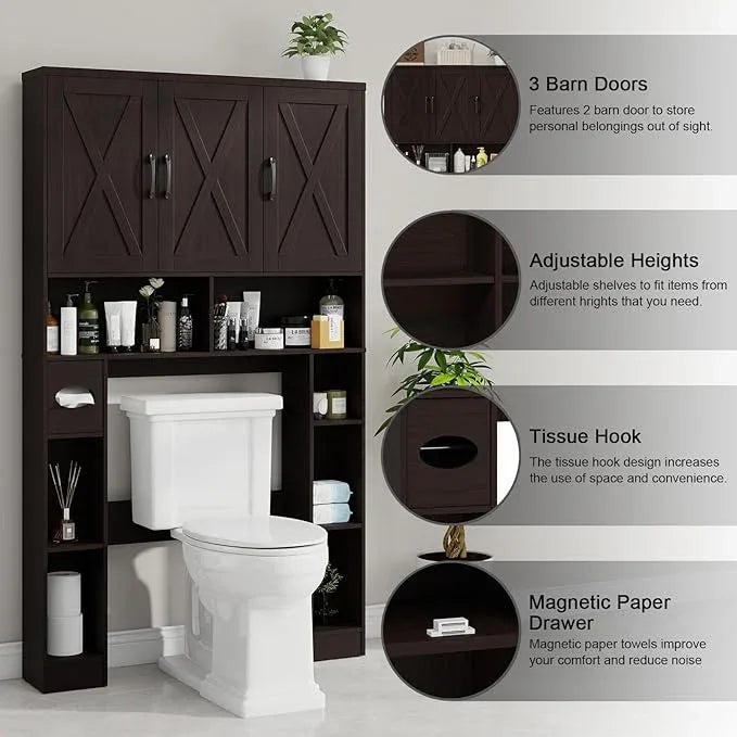 Over The Toilet Storage Cabinet, Farmhouse Toilet Cabinet Rack with 3 Barn Doors, Space Saving Bathroom Organizer with Shelves, Toilet Paper Holder and Towel Rack for Bathroom,Restroom.(Walnut). - ModernBath