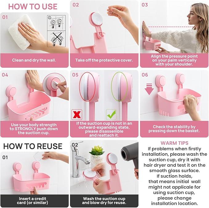 LEVERLOC Shower Caddy Suction Cup Set Shower Organizer & Soap Holder & Toothbrush Holder, Bathroom Shelf Basket NO-Drilling, Removable Suction Storage Waterproof Bathroom Caddy, Pink - ModernBath