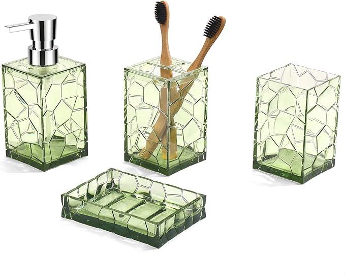 GAHEFY Green Bathroom Accessories Set with Toothbrush Holder, Soap Dispenser, Tumbler, Soap Dish, Sage Green Bathroom Decor, Acrylic (Green-4pcs) - ModernBath