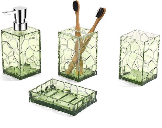 GAHEFY Green Bathroom Accessories Set with Toothbrush Holder, Soap Dispenser, Tumbler, Soap Dish, Sage Green Bathroom Decor, Acrylic (Green-4pcs) - ModernBath