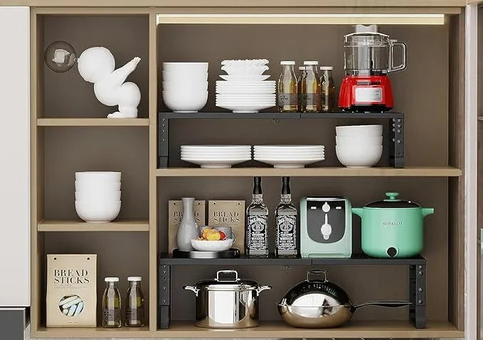 Expandable Cabinet Shelf Organizer Storage Spice Rack Shelves for Kitchen Stackable Adjustable Pantry Cupboard Bathroom Countertop Desktop(1Pack/Black/Large-with Hole) - ModernBath