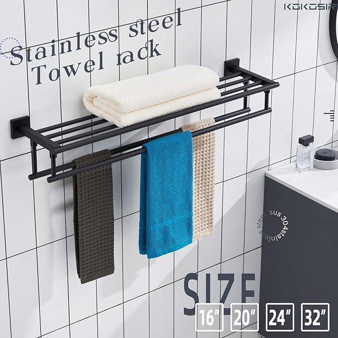 KOKOSIRI Bath Towel Rack with Double Towel Bars 32-Inch Bathroom Towel Shelves Towel Holder Wall Mounted Stainless Steel, Matte Black, B6005BK-L32 - ModernBath