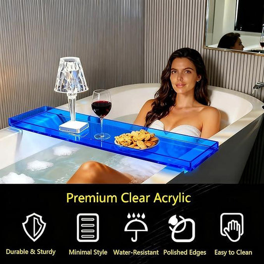 CXNGD Bathtub Tray Table, Clear Acrylic, Anti-Slip Bath Caddy, L32.3″ * W7.87″ * H1.18″ (Blue, L29.9 x W7.87 x H1.18) - ModernBath